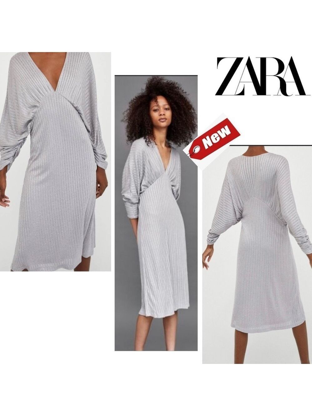 Zara gray silver metallic glitter knit wing sleeve V neck midi dress Sz M NWT